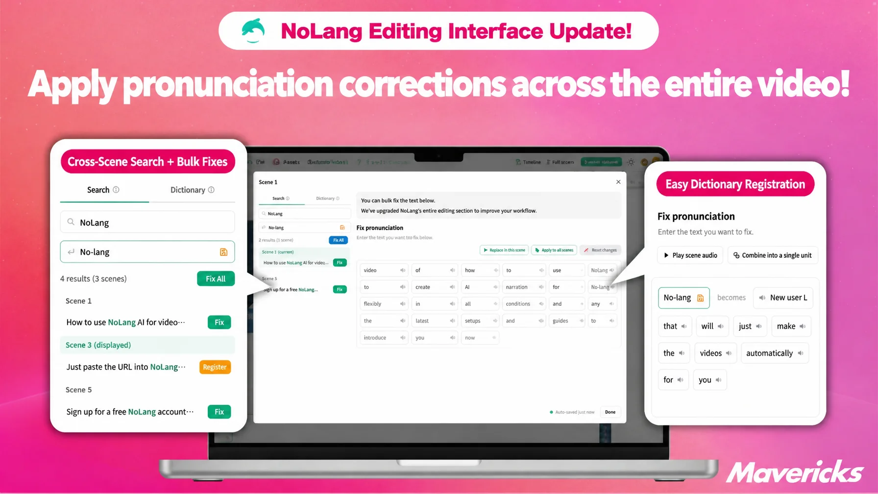Banner announcing that pronunciation fixes in NoLang can now be applied across an entire video