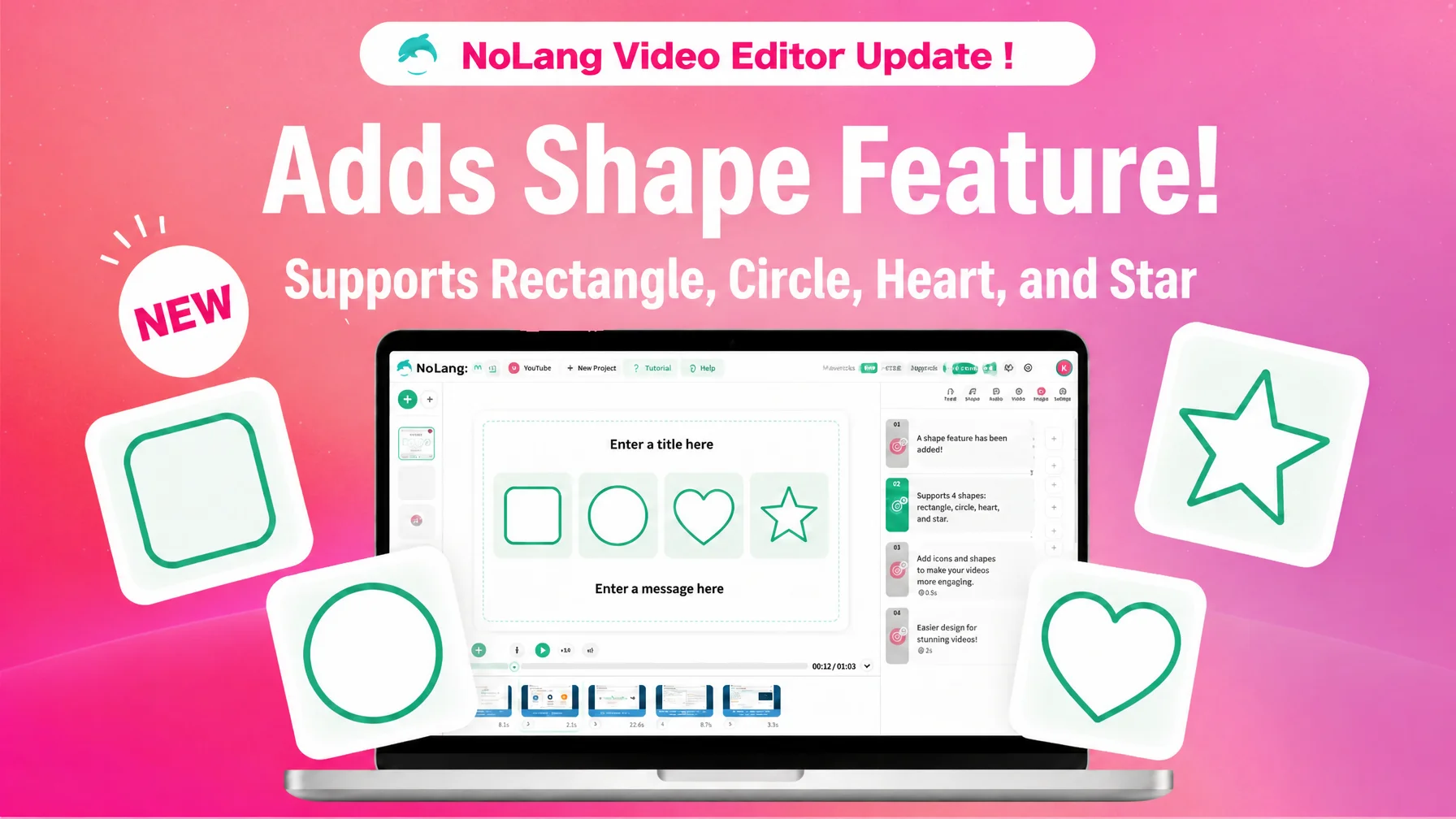 Banner announcing the NoLang editor update: a shape feature with rectangle, circle, heart and star