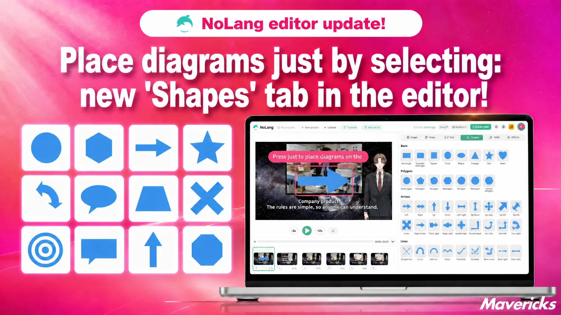 Banner announcing the NoLang editor update: a new Shape tab, a grid of shapes and an editor preview.