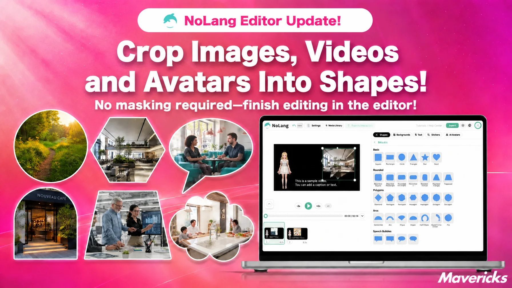 Banner announcing the NoLang editor update: images, videos and avatars cropped into circles, hexagons and clouds