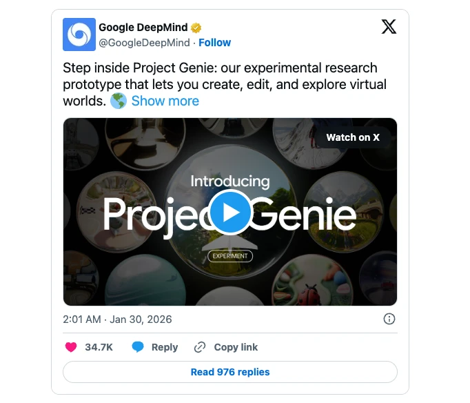 Screenshot of a Google DeepMind post on X introducing Project Genie, its experimental virtual-world prototype