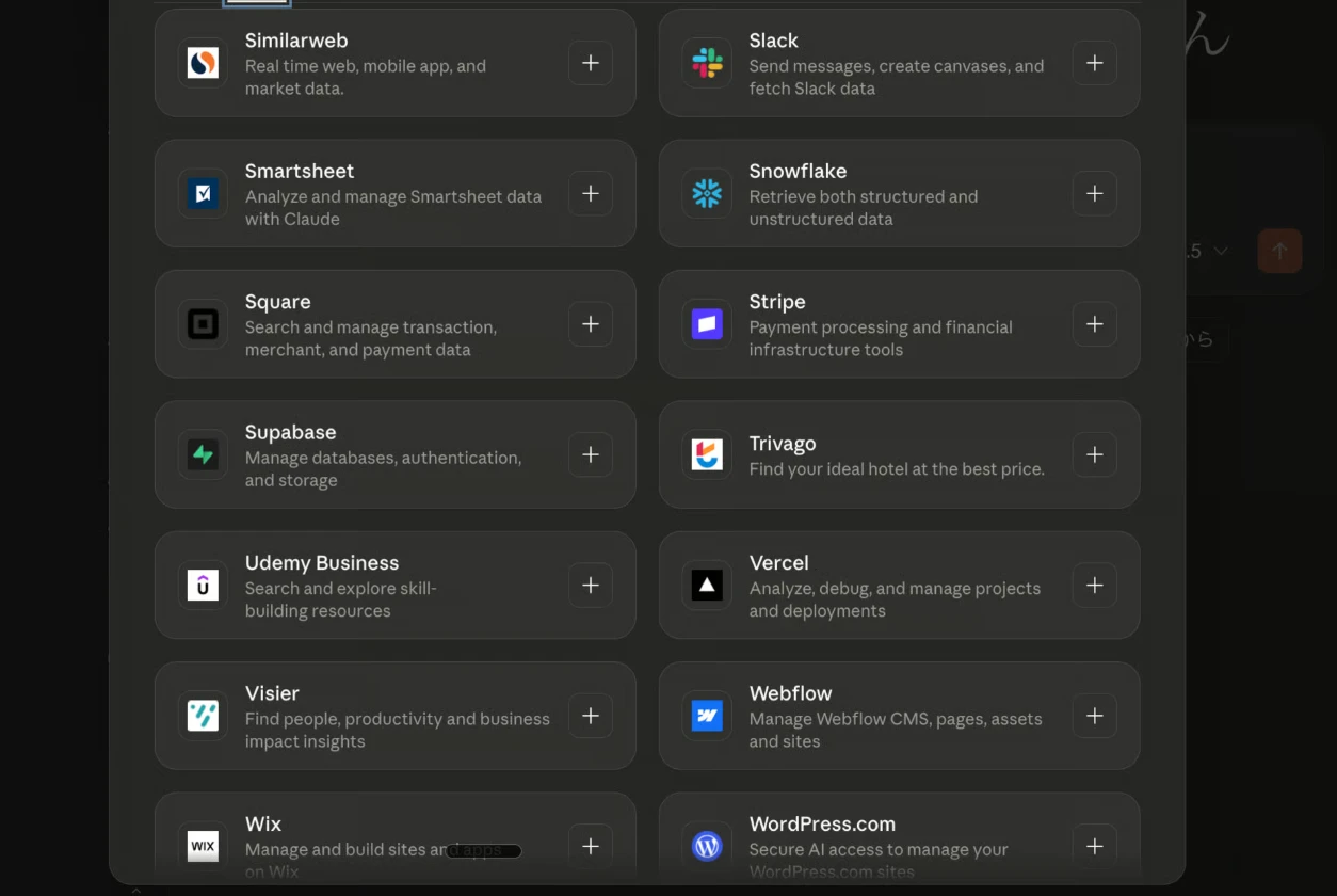 List of external apps that connect from the Claude chat screen, including Slack, Stripe, Snowflake and Vercel