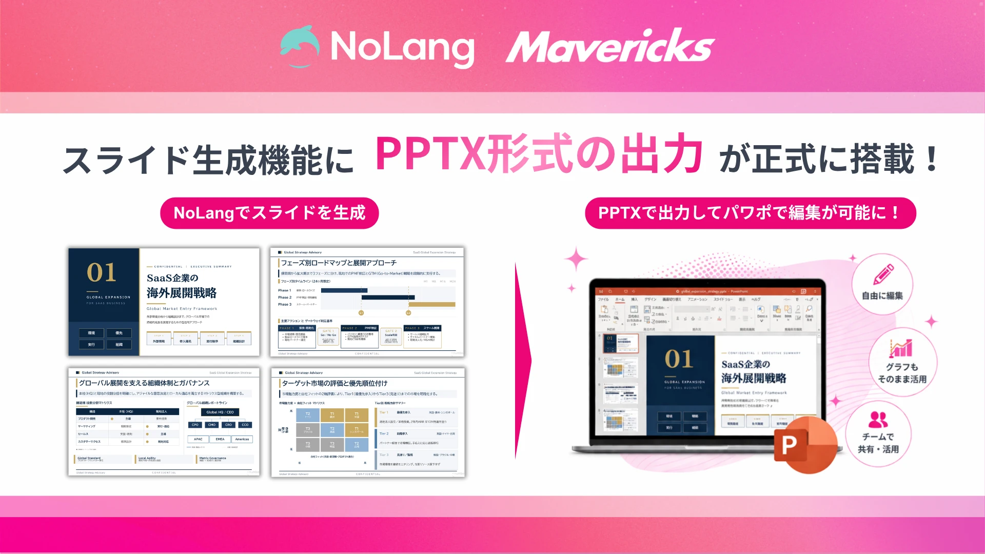 スライド生成機能のPPTX形式出力対応をPowerPointの編集画面とともに伝えるサムネイル画像