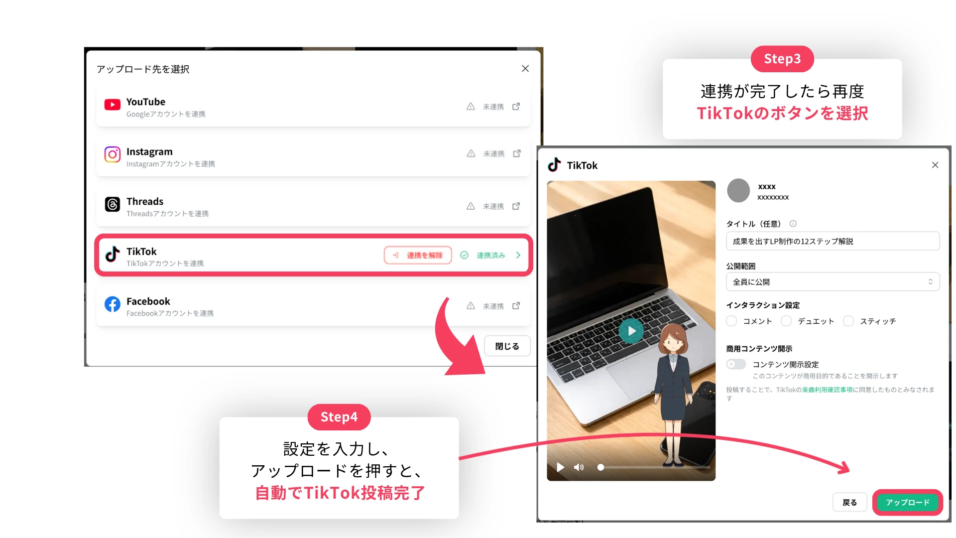 Steps 3 and 4 showing the TikTok posting form where title, visibility and interaction settings are set before upload