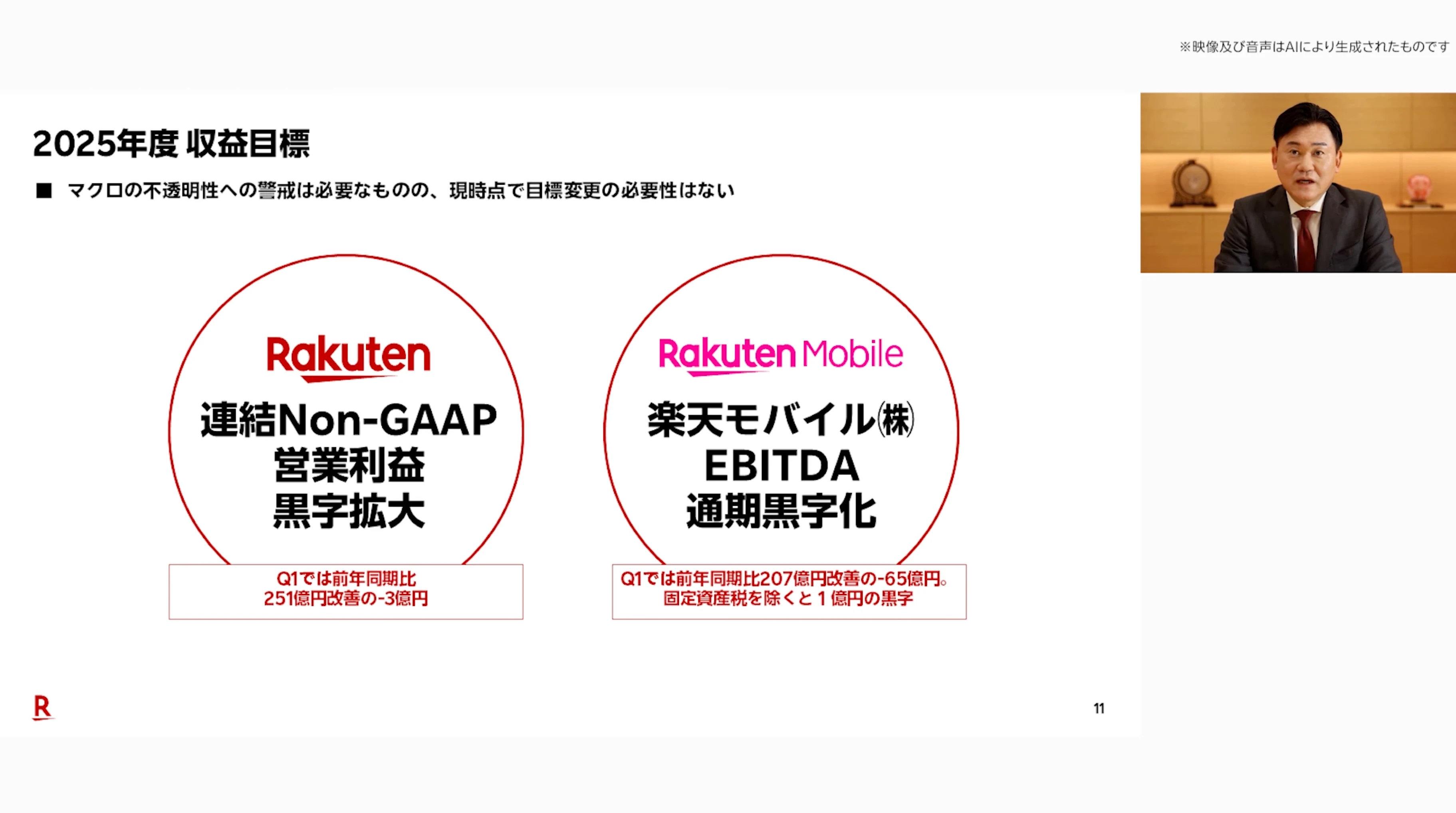 Sample earnings video in which an AI avatar of an executive presents Rakuten's FY2025 profit target slide