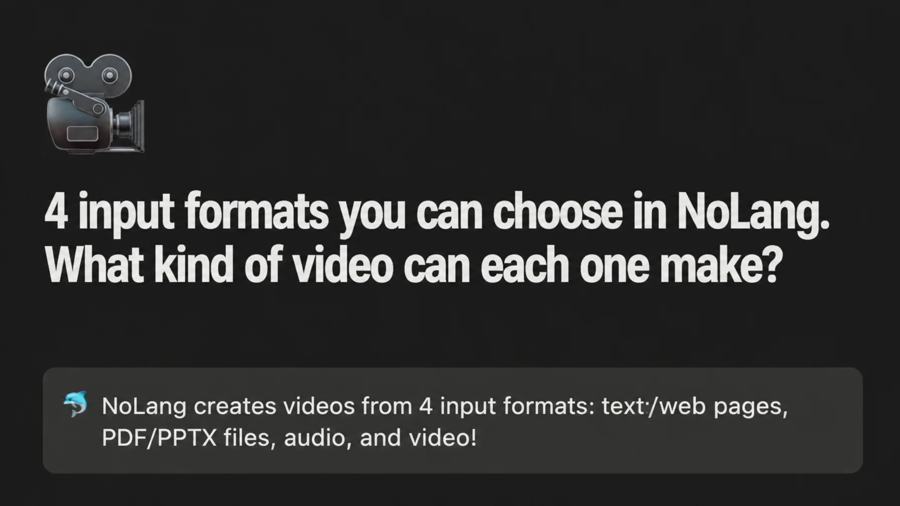 Title slide announcing the NoLang tutorial update and its four inputs: text and web pages, documents, audio, video