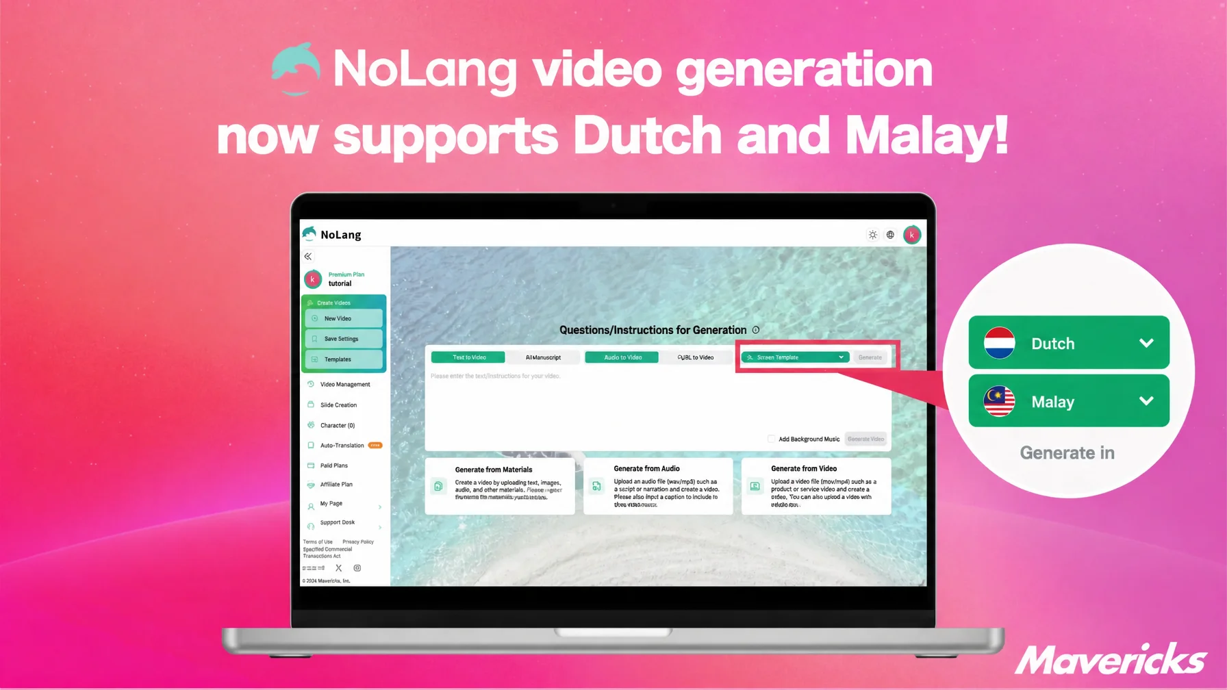 Announcement banner: NoLang video generation now offers Dutch and Malay in the language selector