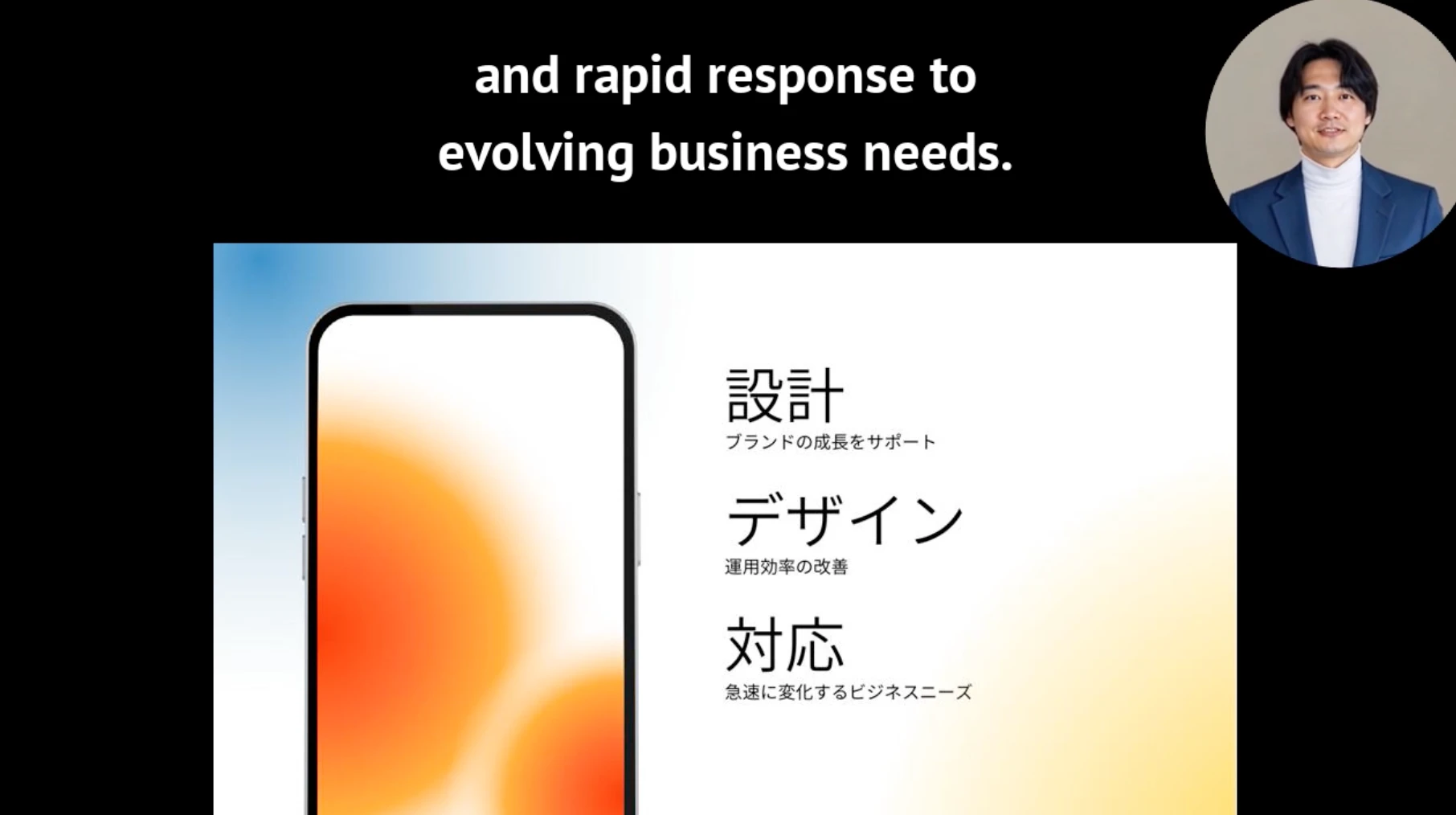 Frame of an English sales video generated from a Japanese product document, with an AI avatar presenting