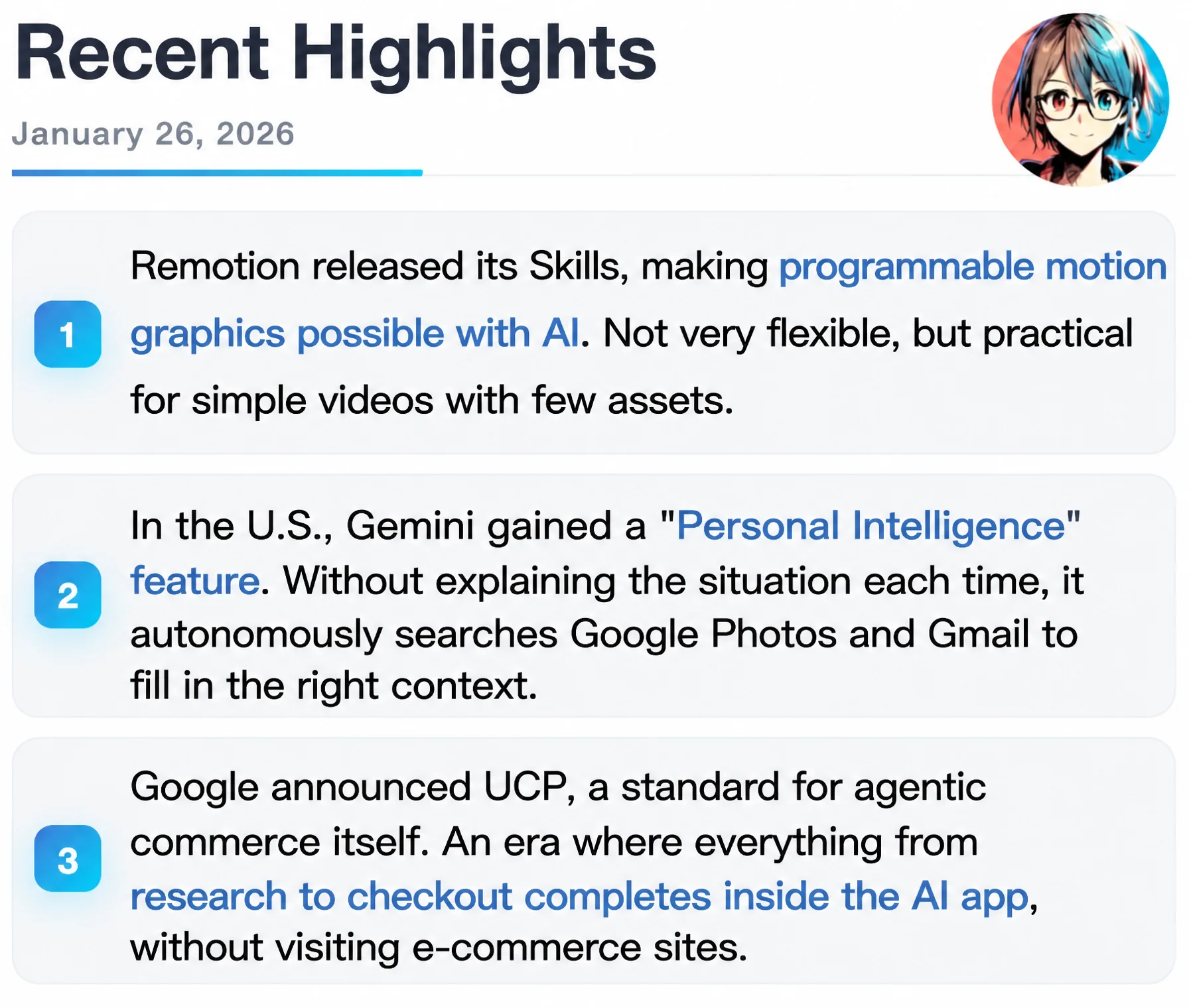 Highlights page of the January 26, 2026 issue listing three topics: Remotion Skills, Gemini, and UCP