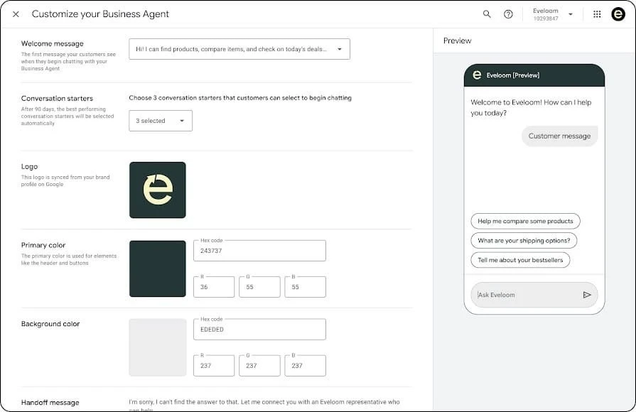 Google Business Agent customization settings screen with a chat preview panel