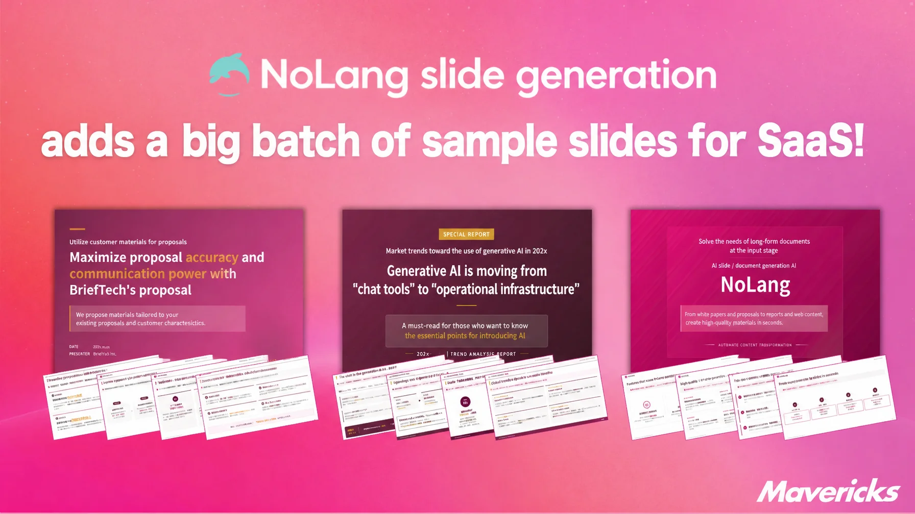 Banner announcing a large addition of SaaS-industry sample slides to the Slide Generation feature of NoLang