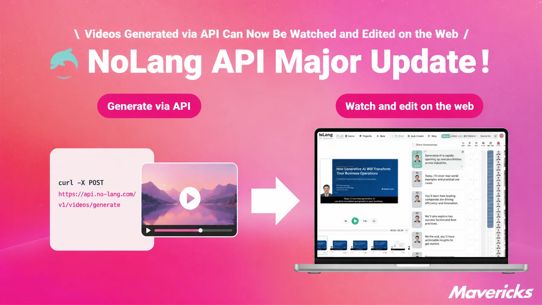 Announcement graphic: a NoLang API call on the left, the NoLang editor on a laptop on the right