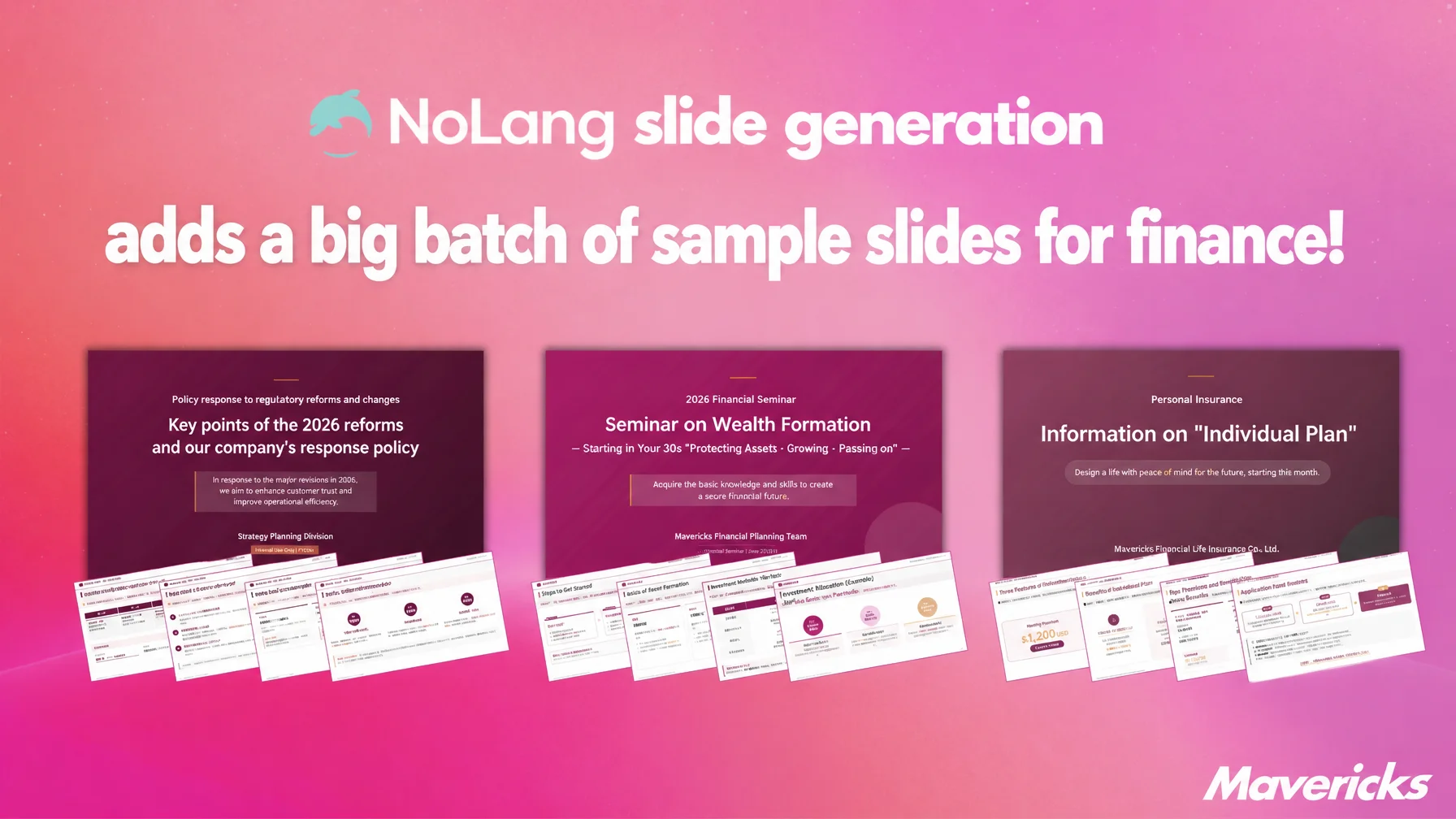 Thumbnail announcing new financial industry sample slides for the NoLang Slide Generation feature