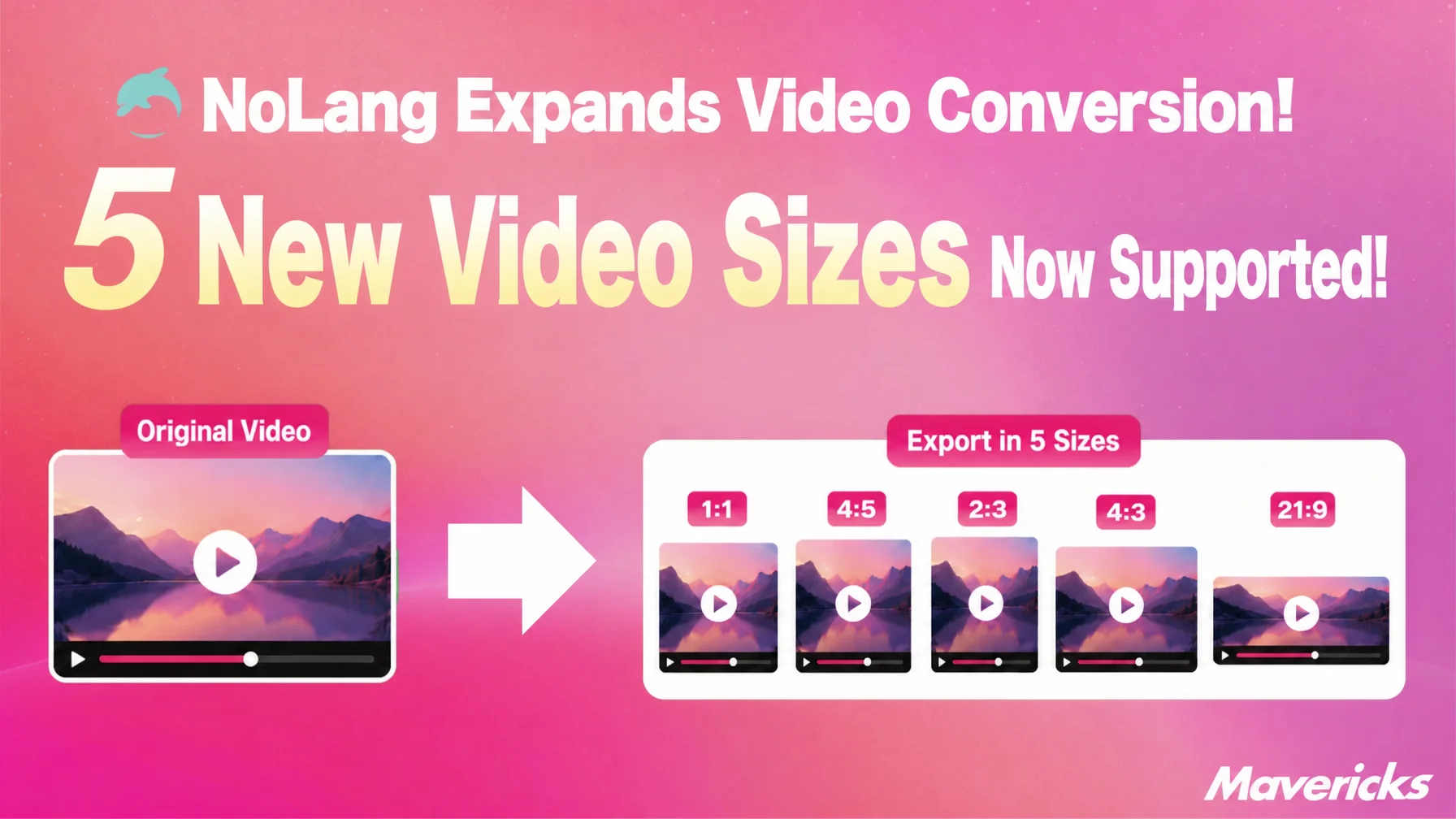 Thumbnail announcing NoLang's conversion update: one source video exported in 1:1, 4:5, 2:3, 4:3 and 21:9