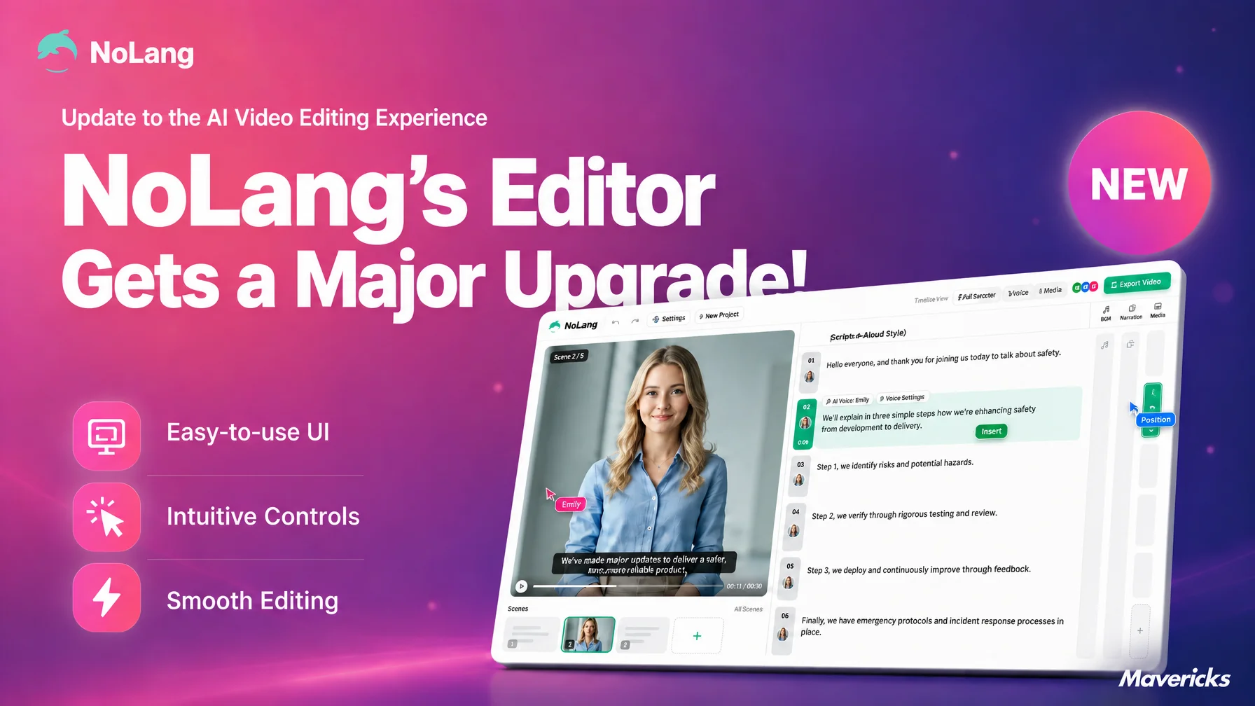 Banner announcing the NoLang editor renewal, showing the timeline editor with preview, scene list and reading script