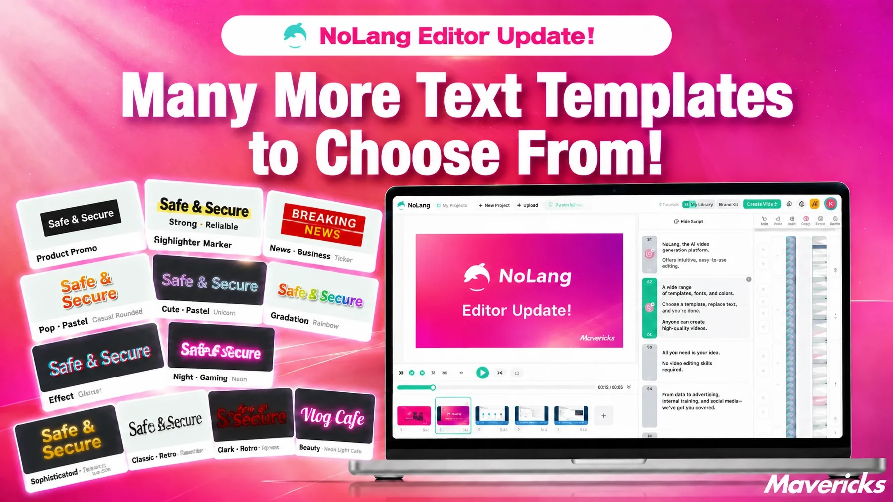 Banner announcing a NoLang editor update, showing sample text template designs beside the editing screen