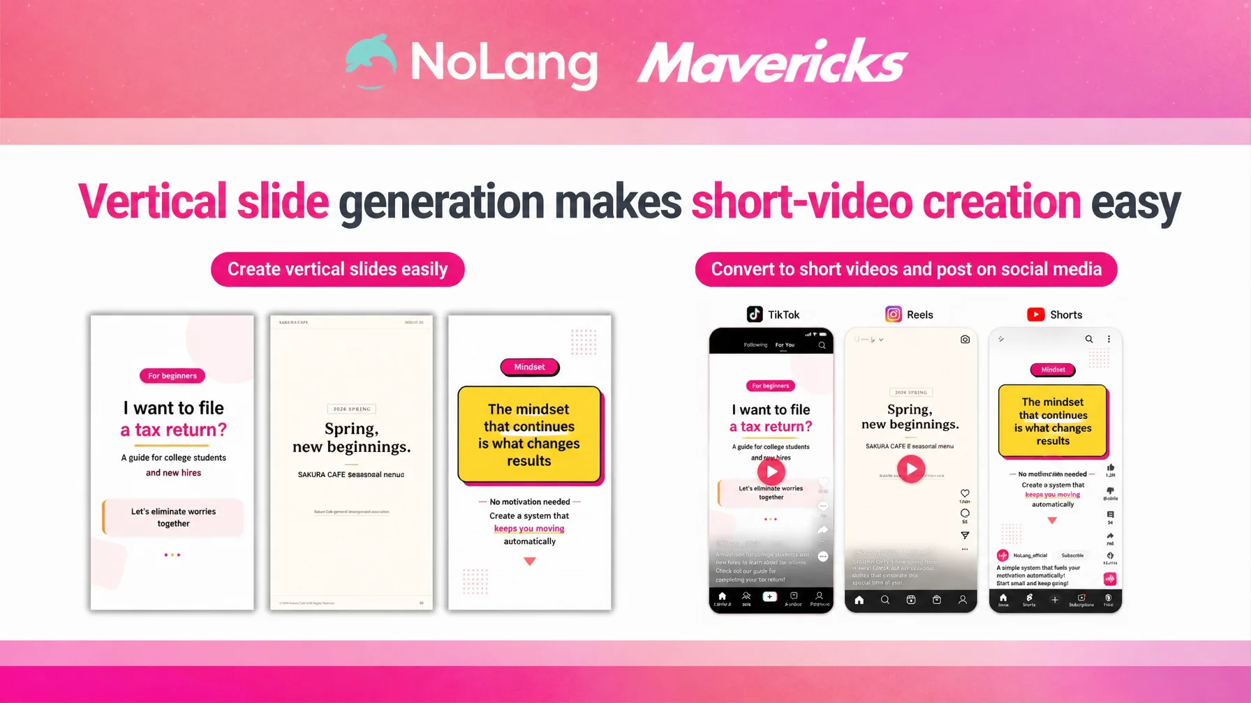 Announcement visual with NoLang and Mavericks logos, vertical slides and TikTok, Reels and Shorts mockups