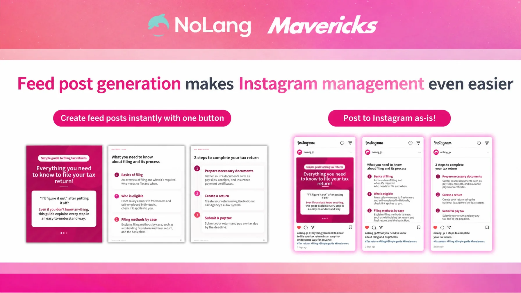 Announcement visual for NoLang slide generation supporting Instagram feed and carousel posts