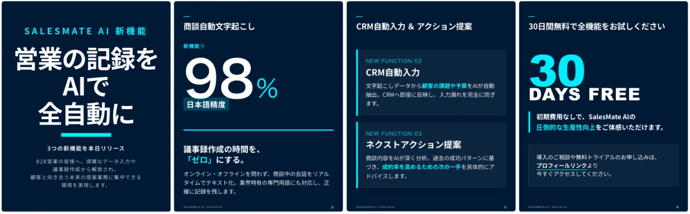 Vertical slide sample announcing new features of the sales support AI SALESMATE AI