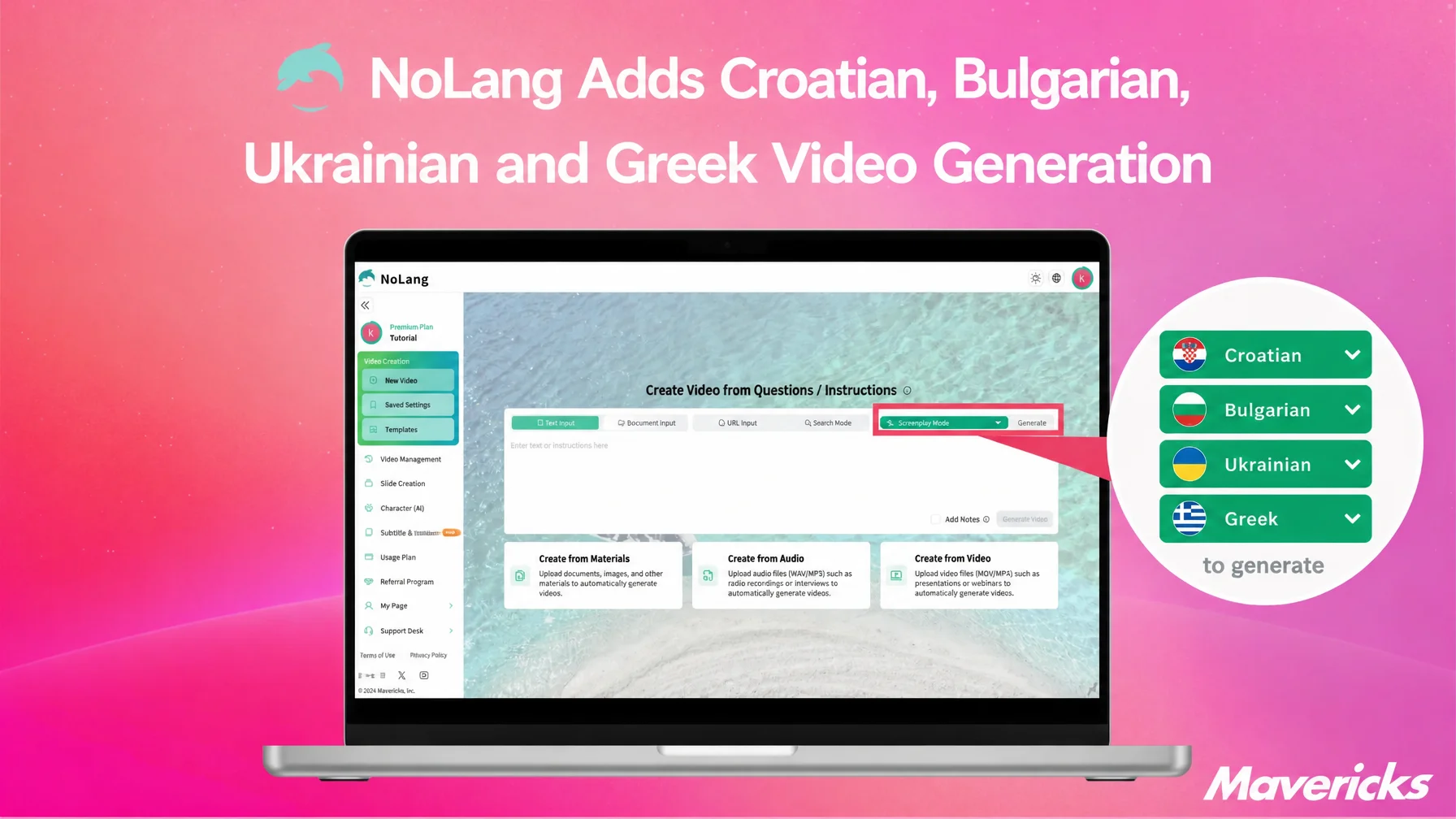 Banner announcing that NoLang video generation now supports Croatian, Bulgarian, Ukrainian and Greek