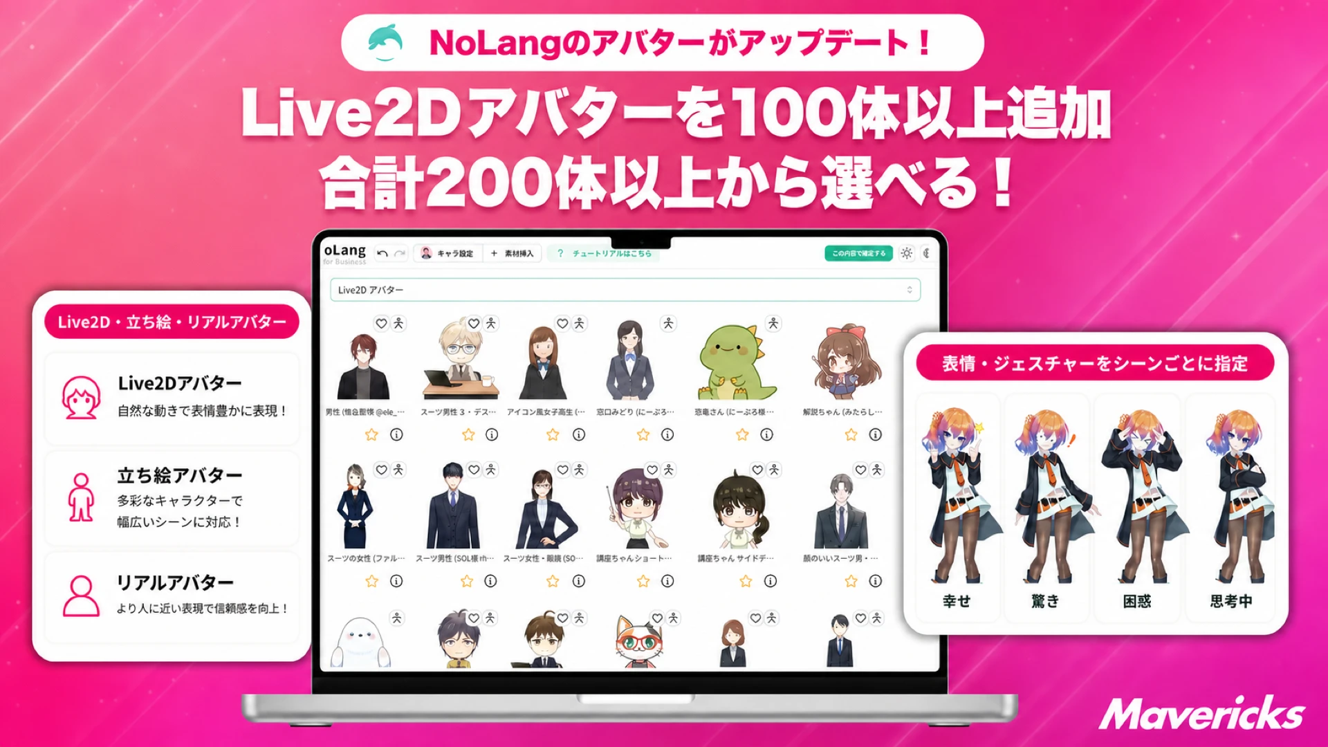 NoLangのLive2Dアバター追加を告知するアップデート紹介画像。Live2D/立ち絵/リアルアバターの選択画面と表情・ジェスチャー指定機能を示す