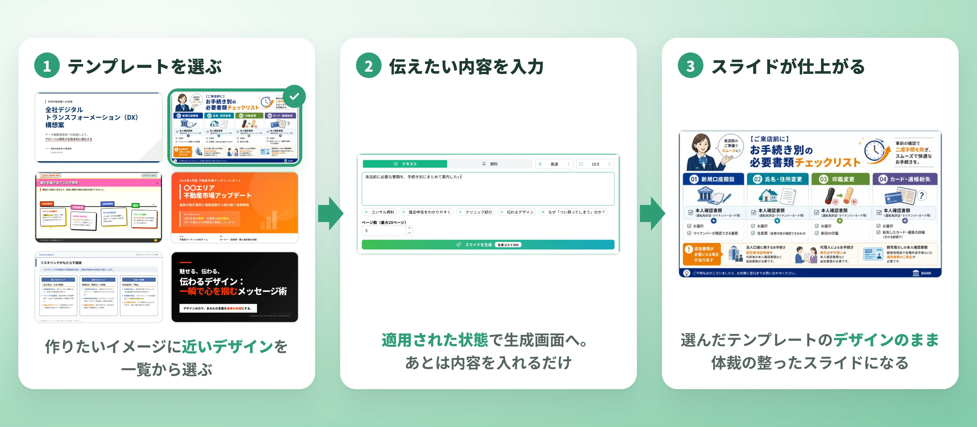 テンプレートを選び内容を入力するだけでスライドが仕上がる3ステップの操作画面