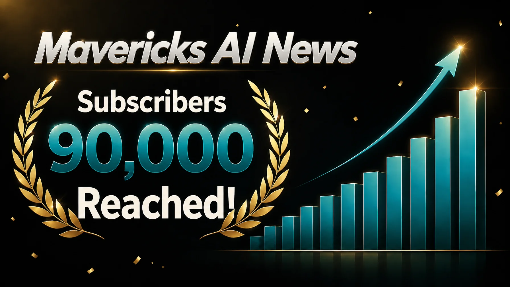 Key visual with laurel wreaths and a rising bar chart announcing that Mavericks AI News passed 90,000 subscribers