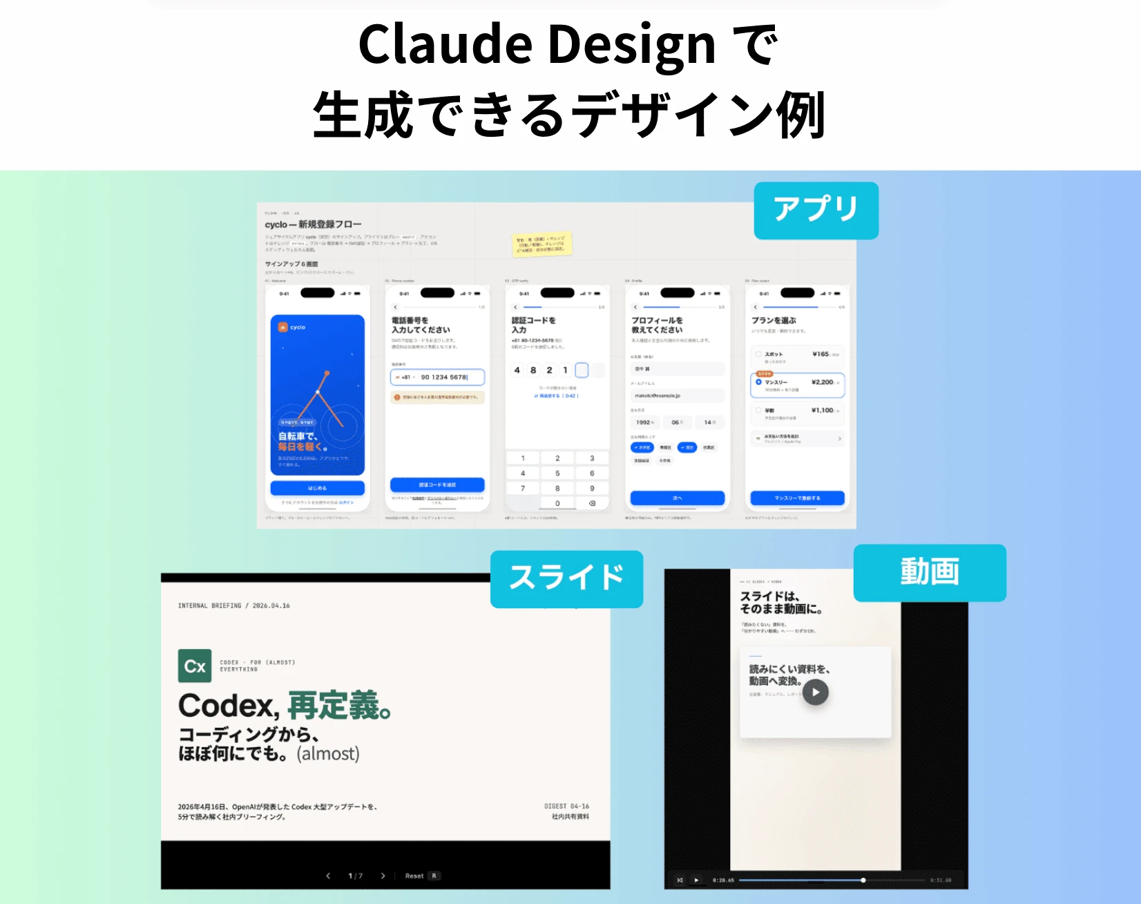 Examples of designs Claude Design can generate, shown side by side: app screens, slides, and video
