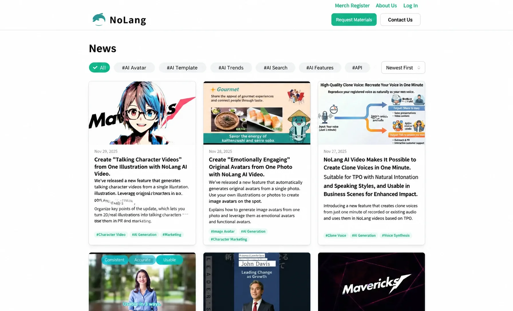 NoLang website news list page with tag filters above cards for recent NoLang announcements