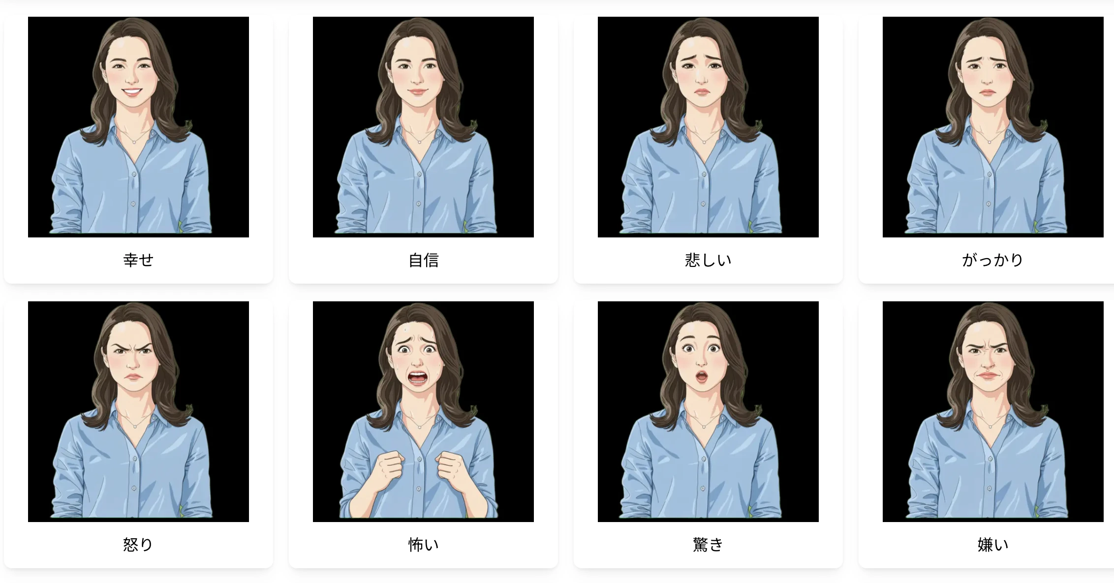 8種類の表情（幸せ・自信・悲しい・がっかり・怒り・怖い・驚き・嫌い）を再現するNoLangのオリジナルアバター
