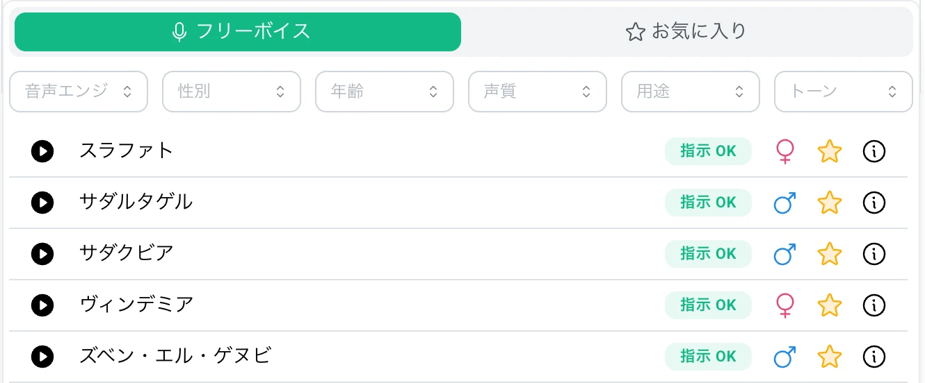 NoLang Free Voice list with filter menus for voice engine, gender, age, voice quality, purpose, and tone