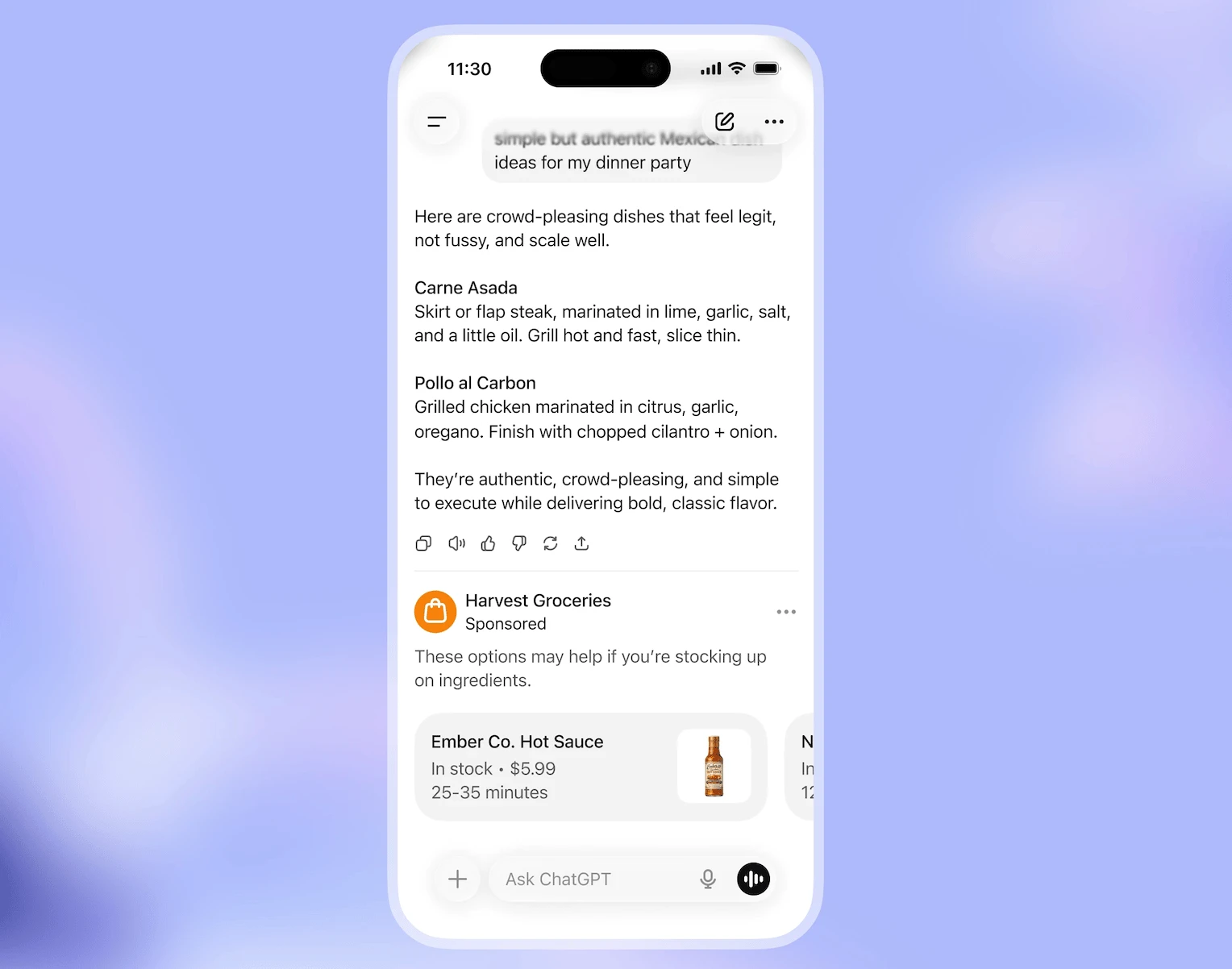 Smartphone screen with a sponsored Harvest Groceries ad shown below a ChatGPT answer