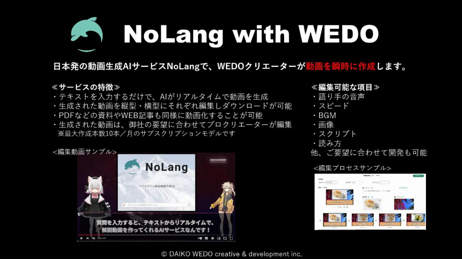 Slide summarizing NoLang with WEDO: service features and the video elements WEDO creators can edit