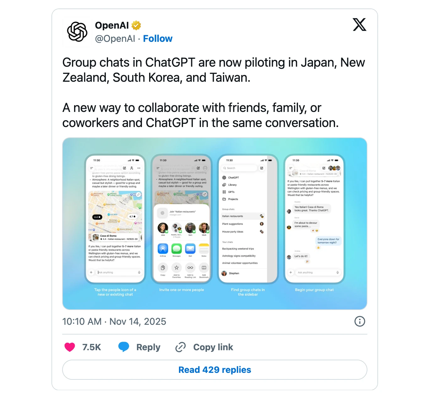 OpenAI's official post on X announcing that group chats in ChatGPT are now piloting