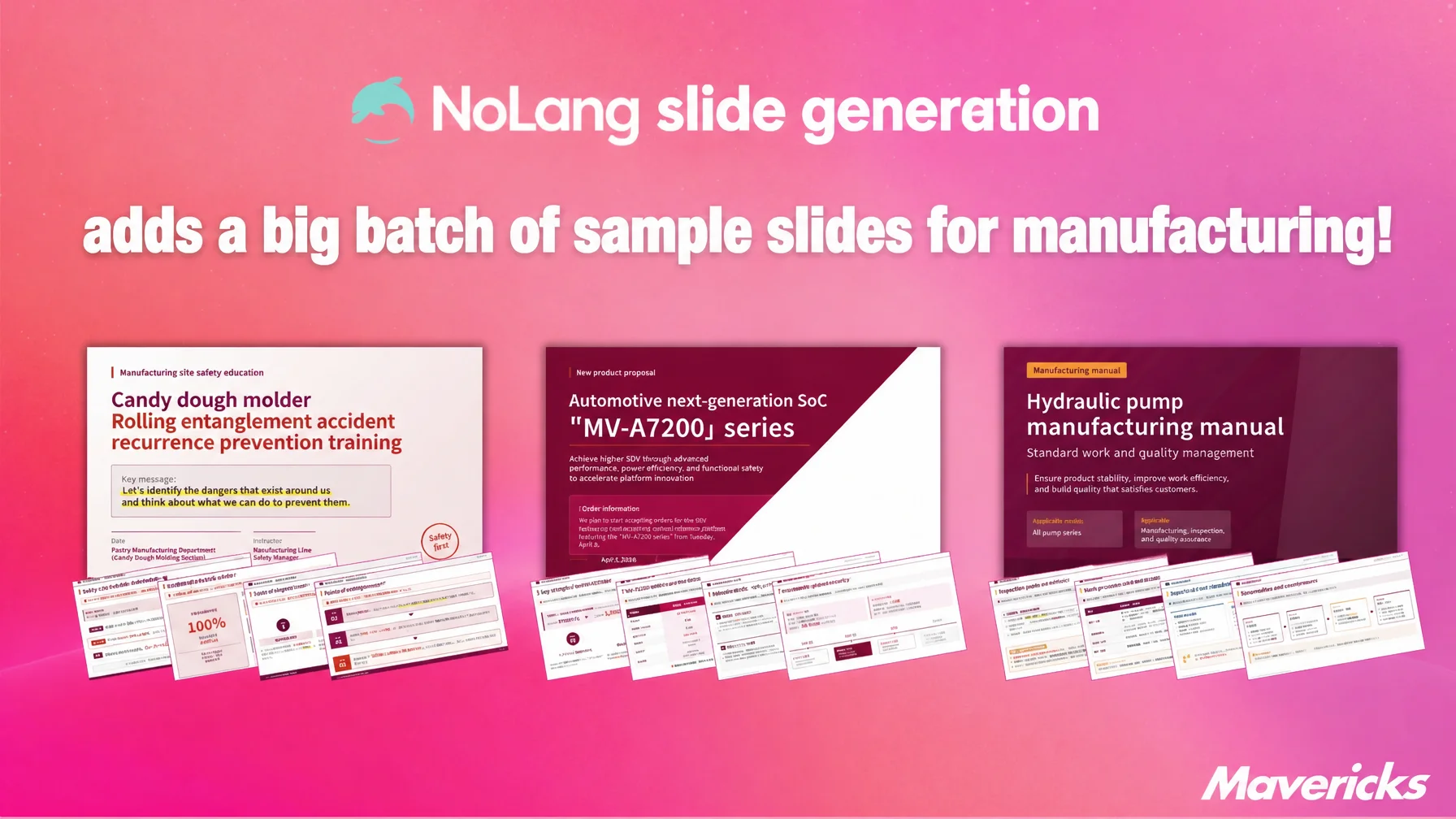 Key visual announcing that manufacturing sample slides have been added to the NoLang slide generation feature