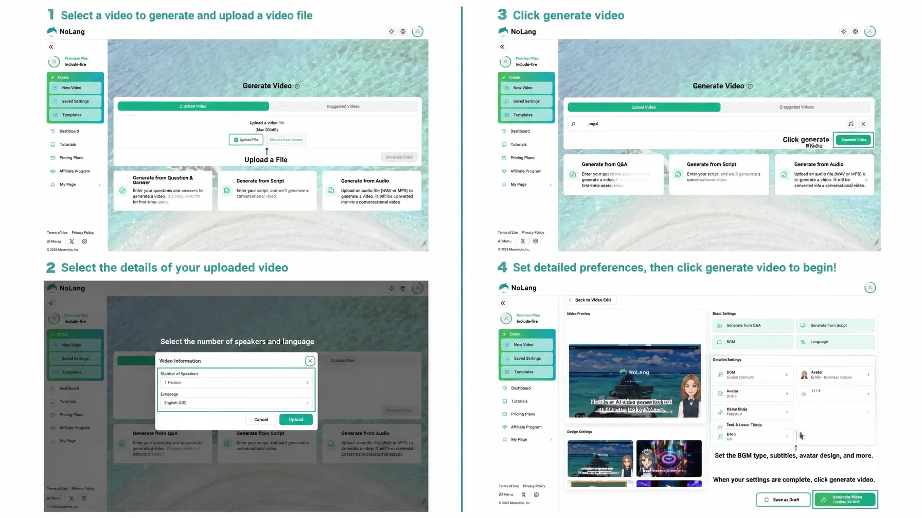 Four-step screenshot guide showing how to upload a video to NoLang and generate an automatically edited version