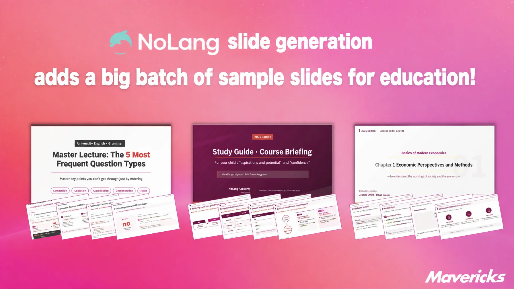 Key visual announcing a major addition of education-sector sample slides to the slide generation feature in NoLang