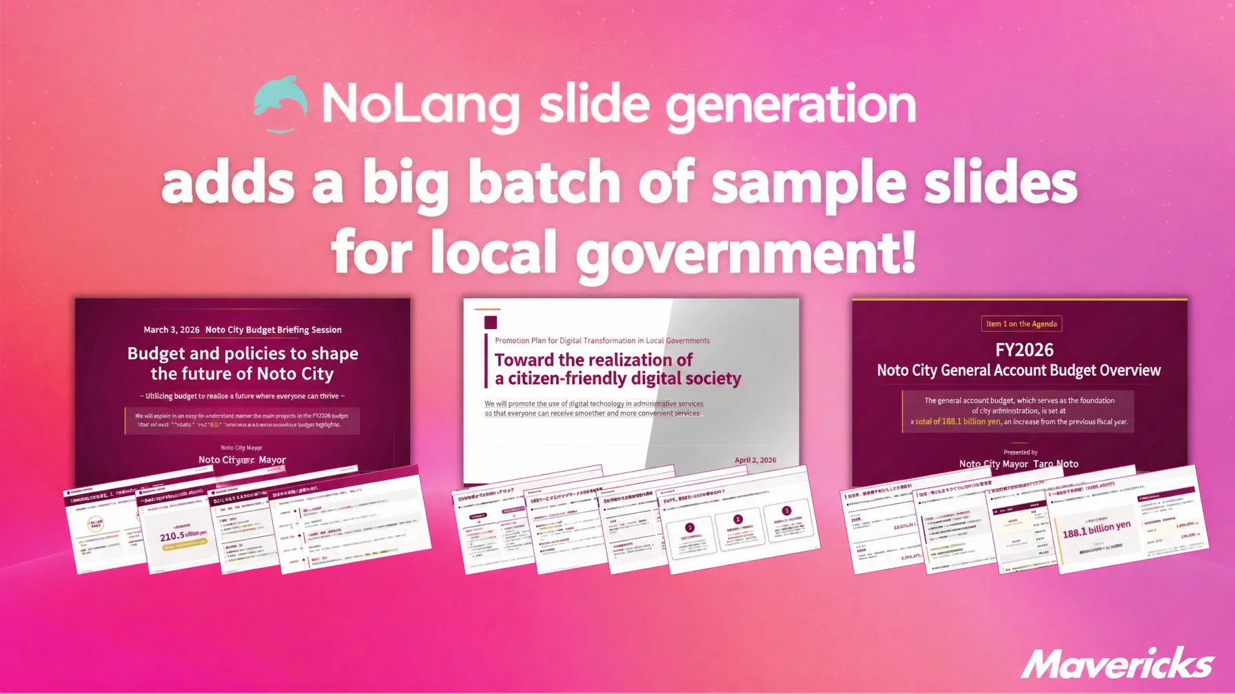 Key visual announcing a large addition of sample slides for local government to the NoLang Slide Generation feature