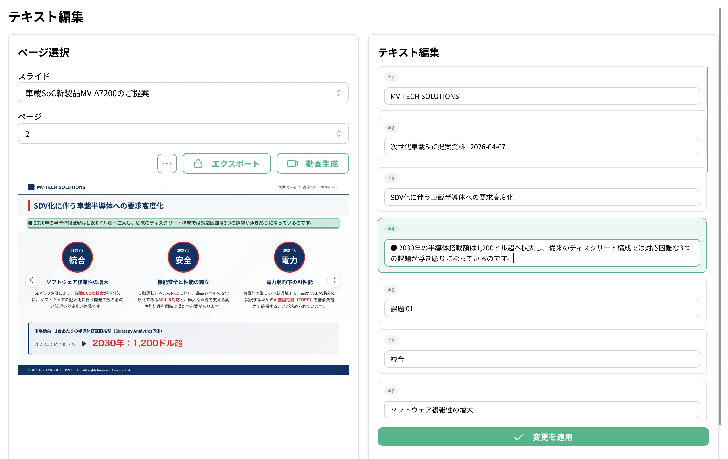 テキストを直接書き換えるスライド編集画面